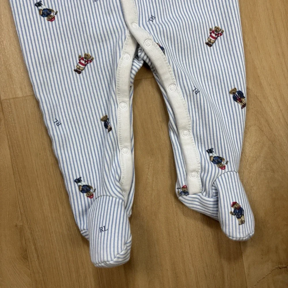 Ralph Lauren Baby Sleeper Blue Stripe Polo Bear Footed Pajamas Cotton 6M